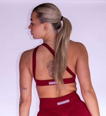 Pre-Order: SeamlessSculpt ™ Asymmetric Sports Bra in Cherry Red