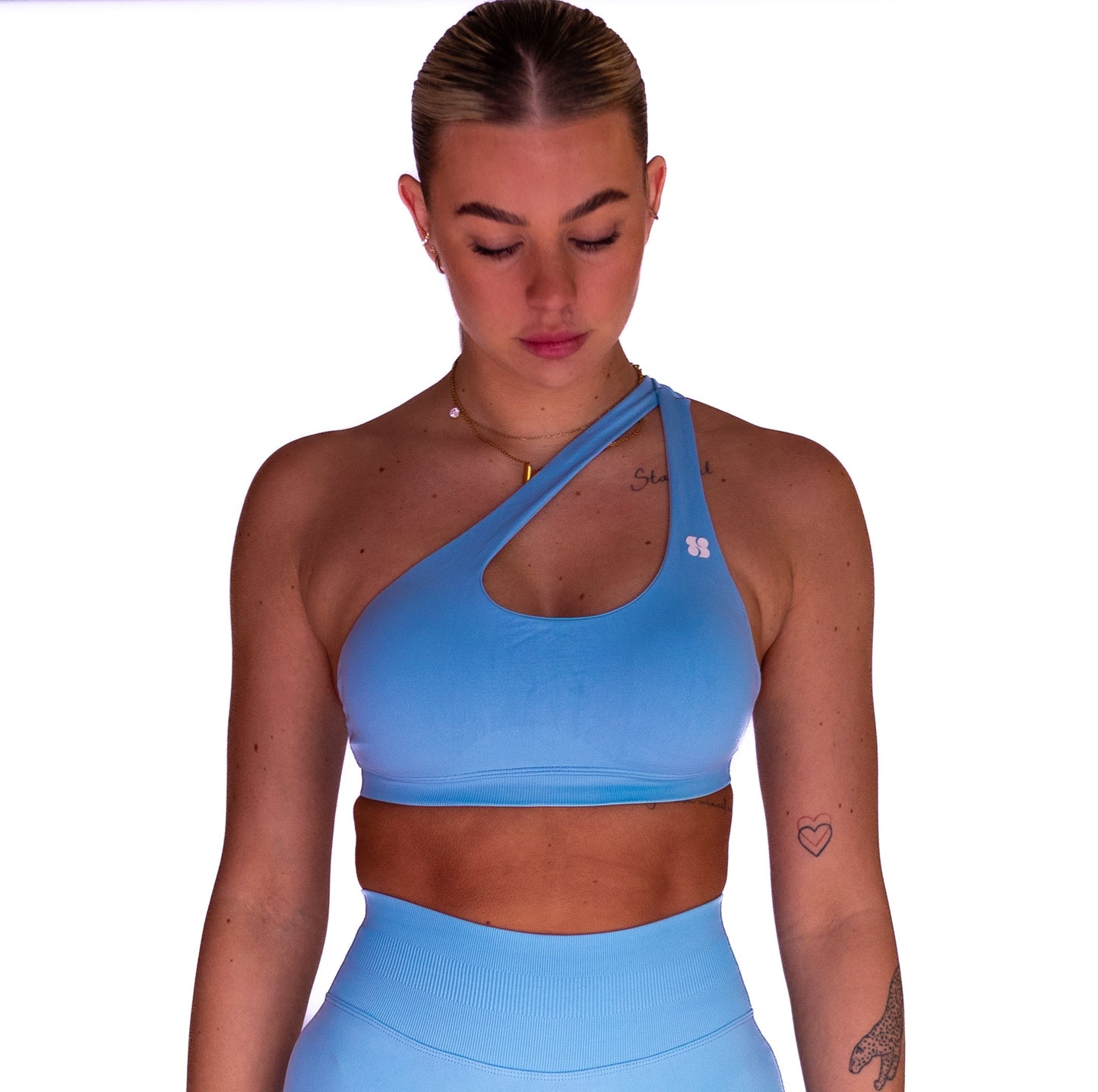 Pre-Order: SeamlessSculpt ™ Asymmetric Sports Bra in Powder Blue